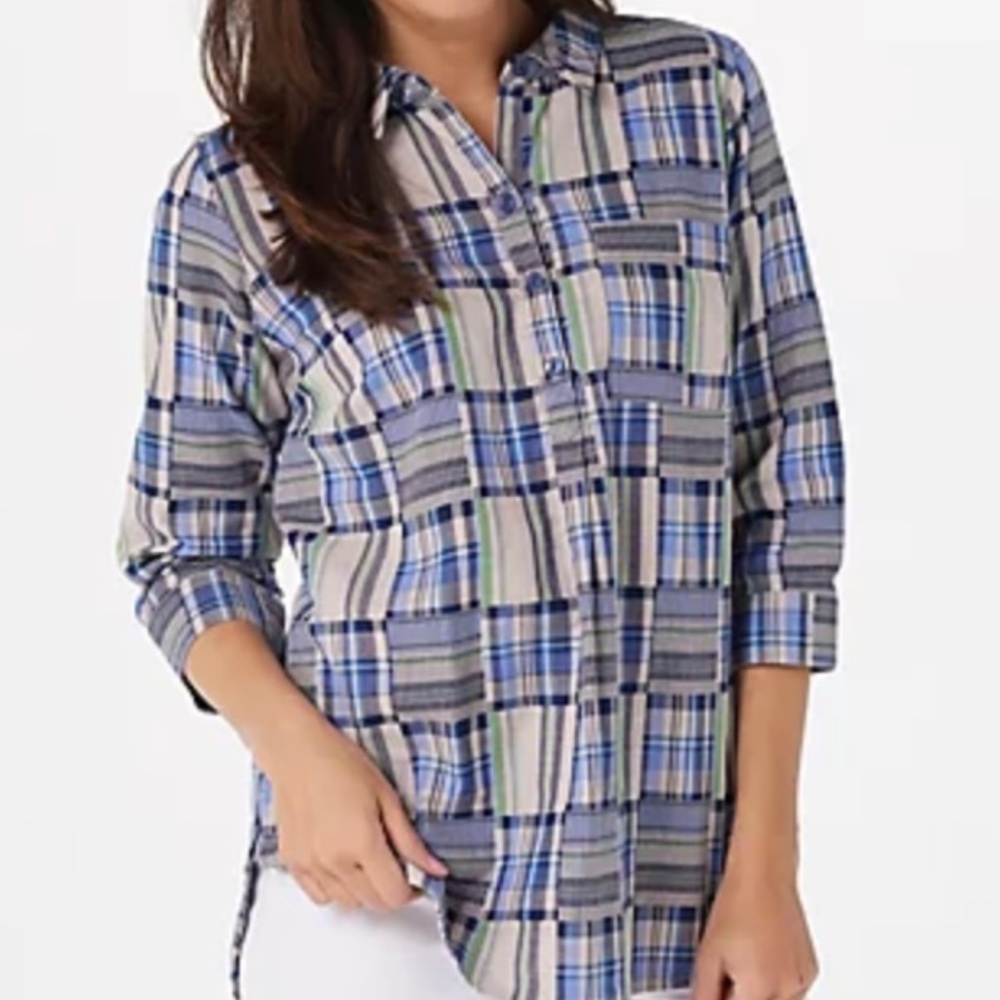 New Women’s Plaid Tunic Shirt Button Neck Collar Patchwork Beige Blue Green XXS